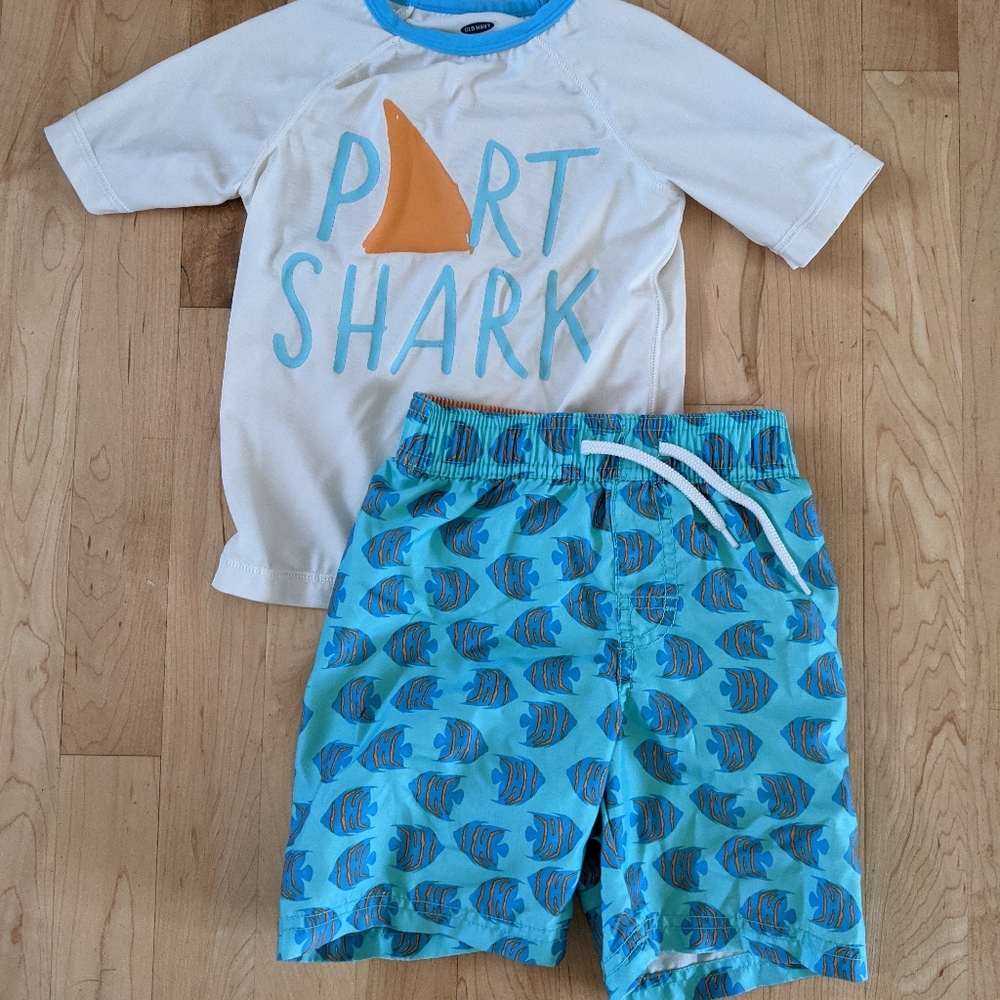 Old Navy swim trunks and rash guard
